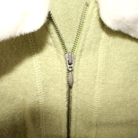 JM Collection Green 100% Wool Full Zip Sweater Jacket Removable Faux Fur Collar - Picture 4 of 8